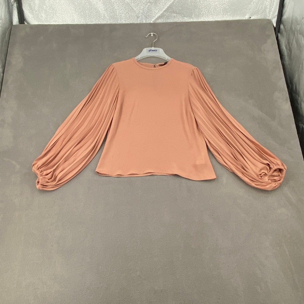 Express Womens Peach Pleated Balloon Sleeve Blouse XS Crew Neck Keyhole Back